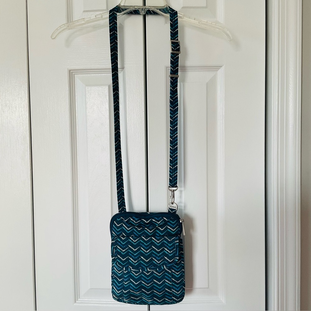 Travelon Navy Blue Chevron Print 5 Point Anti-Theft Signature Slim Pouch Bag EUC